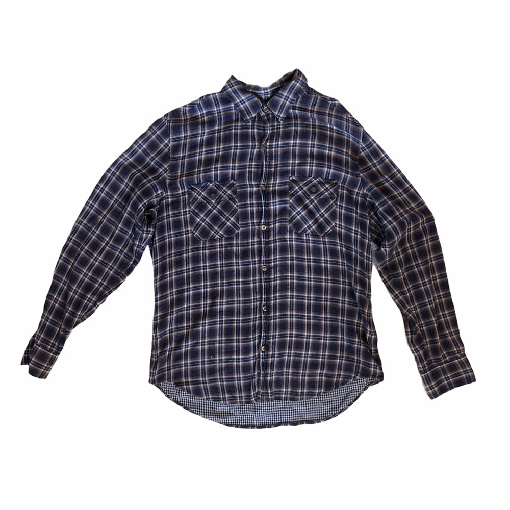 Vince Collared Plaid Button Up Watch Blue Orange L